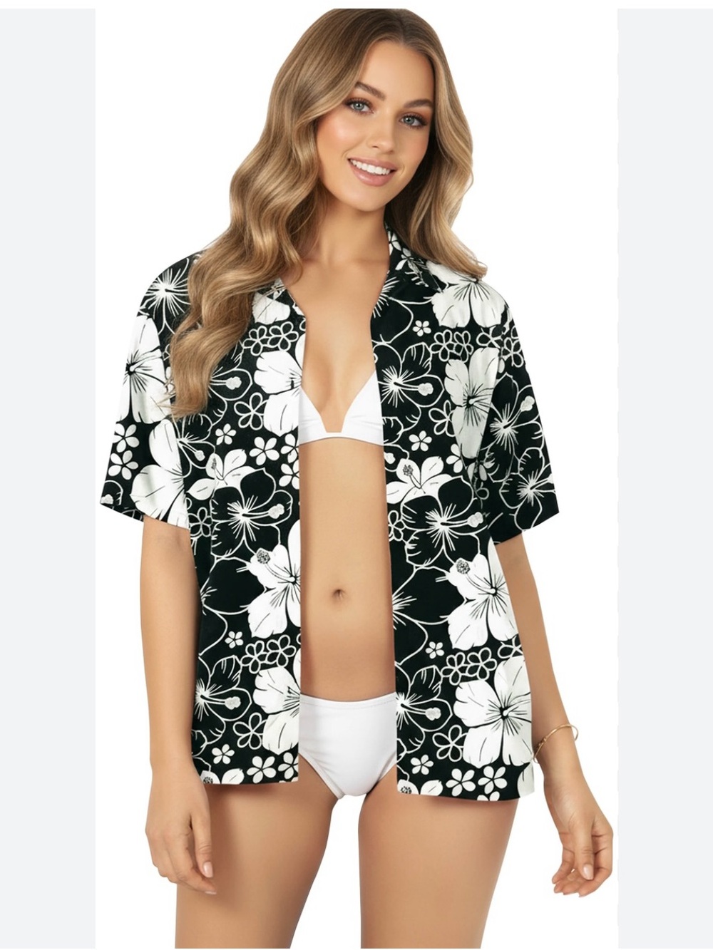 dressbarn Black & White Floral Swim Cover-Up Shirt